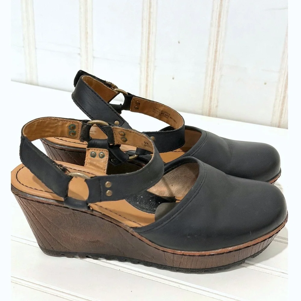 b.o.c. Born Concept Black Leather Rina Wedge Sandals Clog Platform Womens 9M